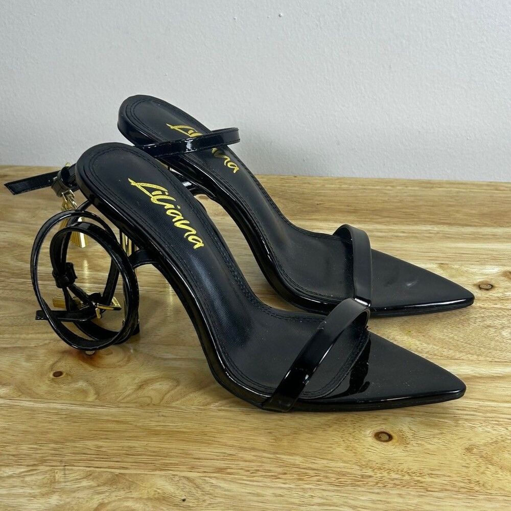 Liliana Black Patent Ankle Strap Heels Size 7 Gold Lock Accent Pointed Toe